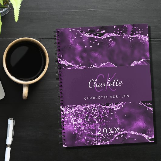 Paarse Roze Agaat Marmer Monogram 2026 Planner