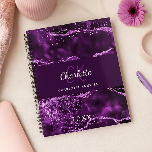 Paarse roze agaat marmeren monogram 2027 planner