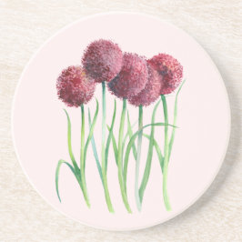 Paarse Roze Allium Waterverf Botanische Schilderij Zandsteen Onderzetter