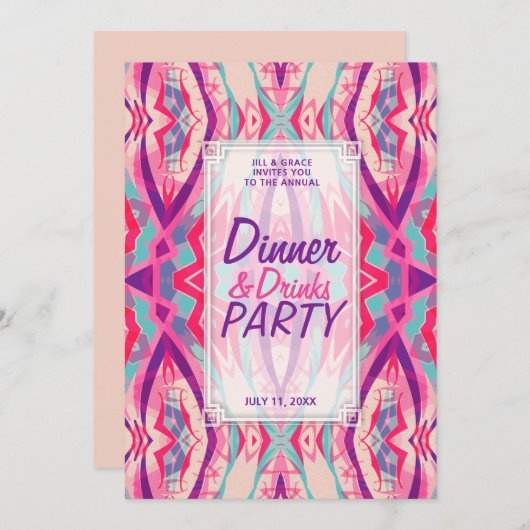 Paarse Roze Aqua Boho Chic Dinner Drinken Party Kaart (Voorkant / Achterkant)
