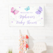 Paarse roze Aqua Butterflies Baby shower Welkom Spandoek (Insitu)