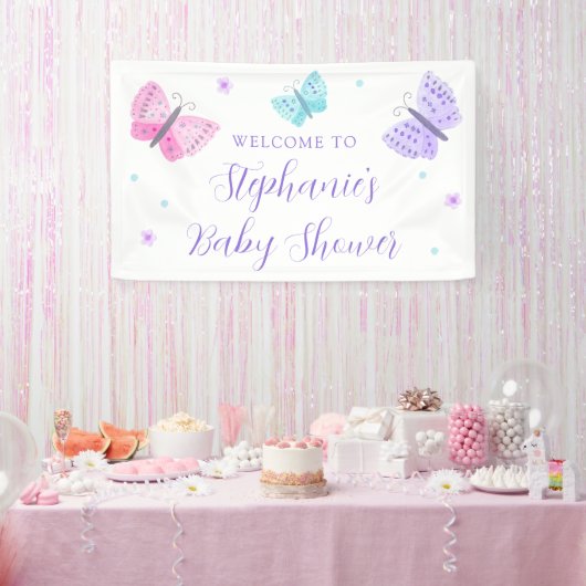 Paarse roze Aqua Butterflies Baby shower Welkom Spandoek (Feest)