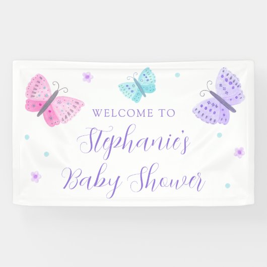 Paarse roze Aqua Butterflies Baby shower Welkom Spandoek (Horizontaal)