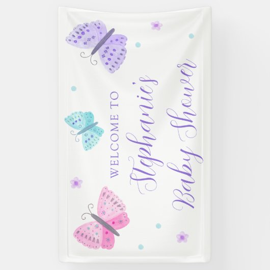 Paarse roze Aqua Butterflies Baby shower Welkom Spandoek (Verticaal)
