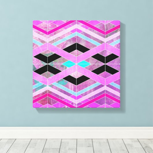Paarse Roze & Aqua Geometrische Crossing Stripes Canvas Afdruk (Insitu (Houten vloer))
