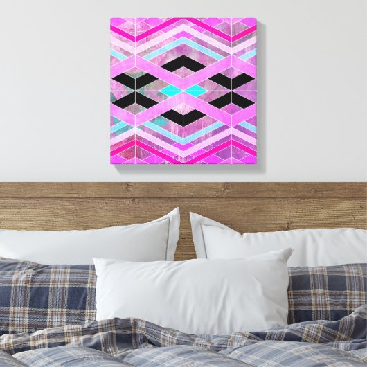 Paarse Roze & Aqua Geometrische Crossing Stripes Canvas Afdruk (Insitu (Slaapkamer))