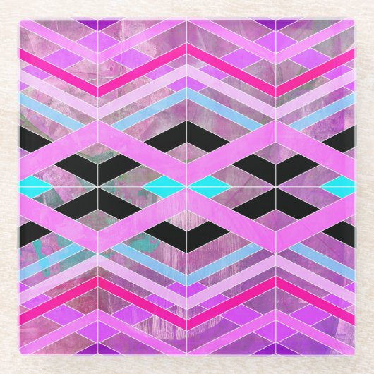 Paarse Roze & Aqua Geometrische Crossing Stripes Glazen Onderzetter (Voorkant)