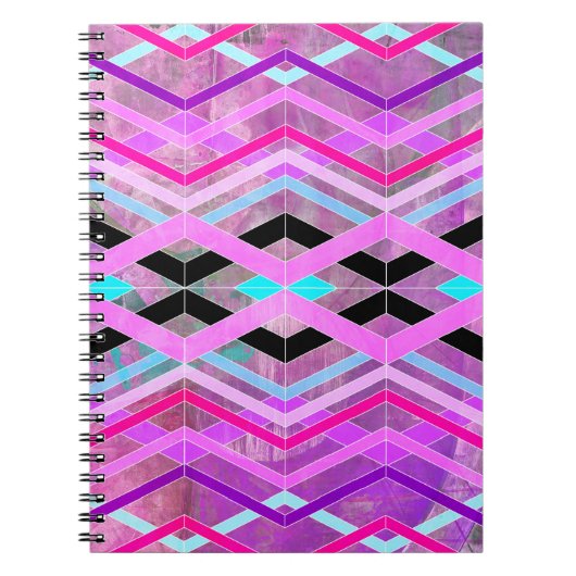 Paarse Roze & Aqua Geometrische Crossing Stripes Notitieboek (Voorkant)