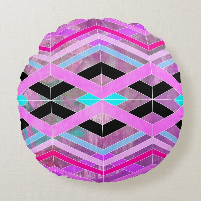 Paarse Roze & Aqua Geometrische Crossing Stripes Rond Kussen (Voorkant)