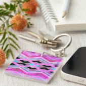 Paarse Roze & Aqua Geometrische Crossing Stripes Sleutelhanger (Voorkant Rechts)