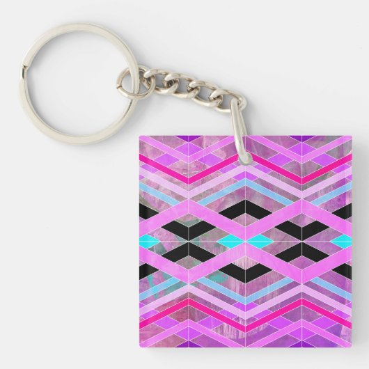 Paarse Roze & Aqua Geometrische Crossing Stripes Sleutelhanger (Voorkant)