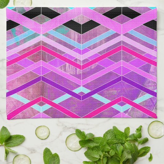 Paarse Roze & Aqua Geometrische Crossing Stripes Theedoek (Gevouwen)