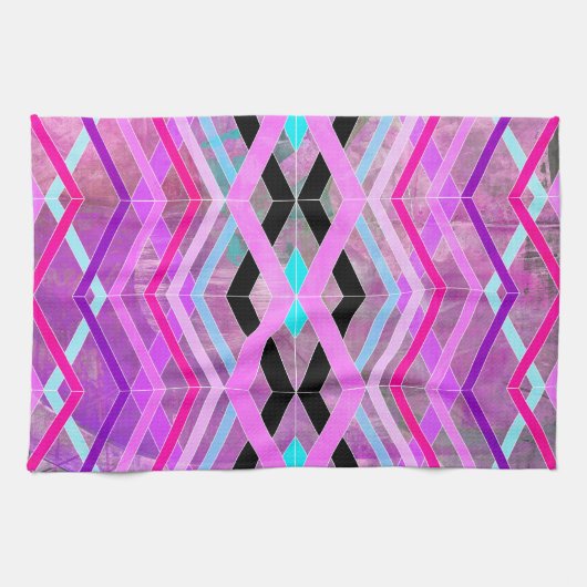 Paarse Roze & Aqua Geometrische Crossing Stripes Theedoek (Horizontaal)