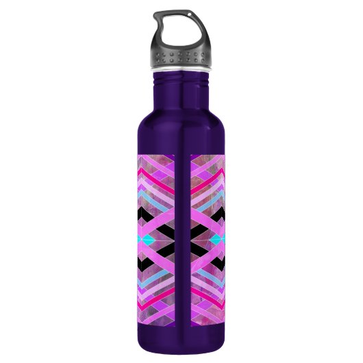 Paarse Roze & Aqua Geometrische Crossing Stripes Waterfles (Achterkant)