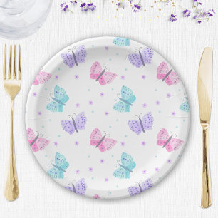 Paarse Roze Aqua Vlinders Baby shower Papieren Bordje