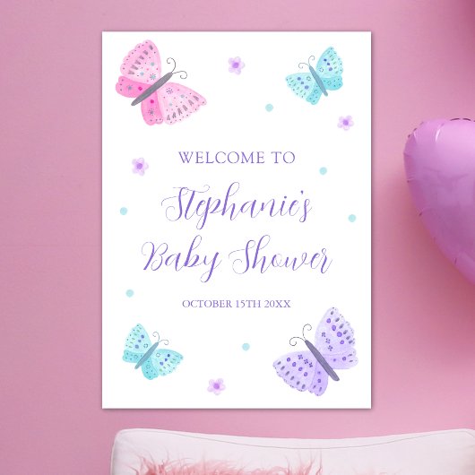 Paarse Roze Aqua Vlinders Baby shower Poster