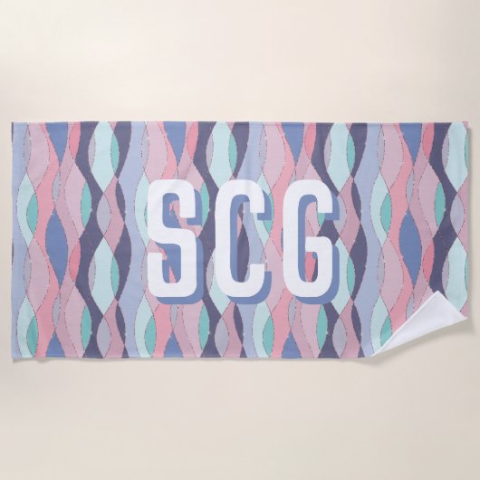Paarse Roze Aqua Wavy Oversized Initialen Monogram Strandlaken (Voorkant)