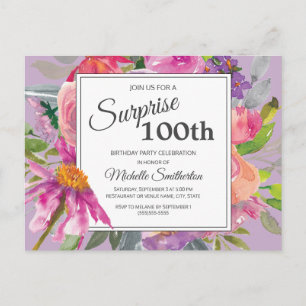 Paarse Roze Aquarel Bloem 100ste Verjaardag Briefkaart