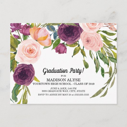 Paarse Roze Aquarel Bloem Wit Afstuderen Briefkaart (Voorkant)