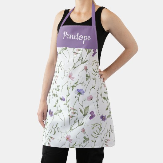 Paarse Roze Aquarel Wilde Bloem Eigen Naam Schort (Insitu)