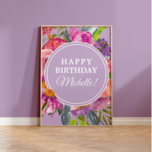 Paarse Roze Aquarel Wilde Bloemen Gelukkig Verjaar Poster