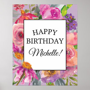 Paarse Roze Aquarel Wilde Bloemen Verjaardag Poste Poster