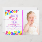 Paarse roze BALLON Meisje 1e verjaardag Uitnodigin Kaart (Voorkant)