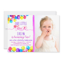 Paarse roze BALLON Meisje 1e verjaardag Uitnodigin