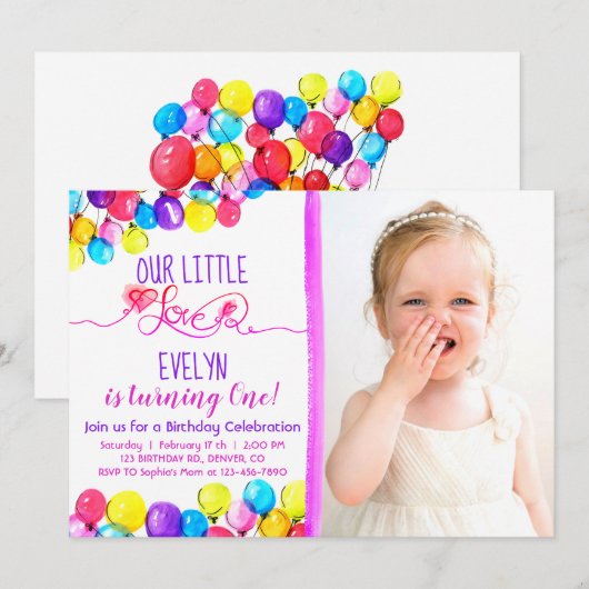 Paarse roze BALLON Meisje 1e verjaardag Uitnodigin Kaart (Voorkant / Achterkant)