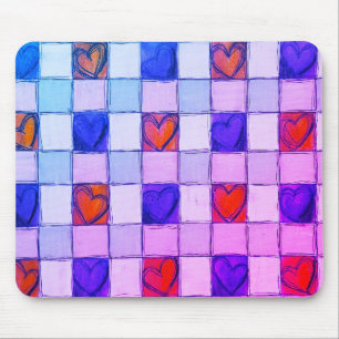 Paarse roze blauw hart gingham Muismat