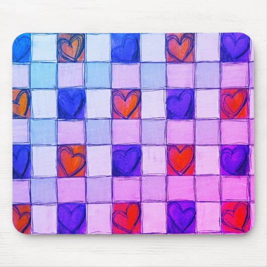 Paarse roze blauw hart gingham Muismat (Voorkant)