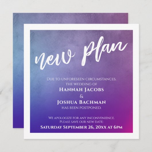 Paarse Roze & Blauw Uitgestelde Bruiloft Nieuwe Pl Kaart (Voorkant / Achterkant)