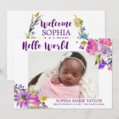 Paarse roze & blauwe aanjager Foto geboorteaankond Aankondiging (Voorkant / Achterkant)