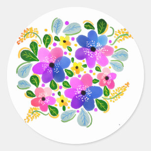 Paarse Roze Blauwe Aquarel Bloemen Ronde Sticker