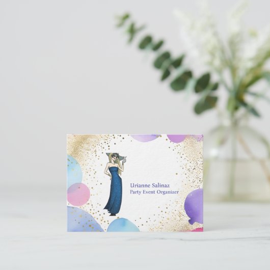 Paarse Roze Blauwe Ballon Stijlvolle feestorganisa Visitekaartje (Staand voorkant)