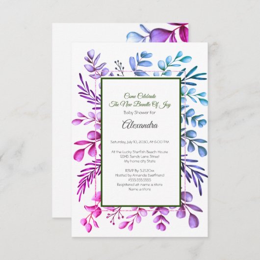 Paarse roze blauwe eucalyptus Baby shower uitnodig (Voorkant / Achterkant)