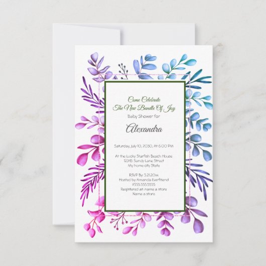 Paarse roze blauwe eucalyptus Baby shower uitnodig (Voorkant)