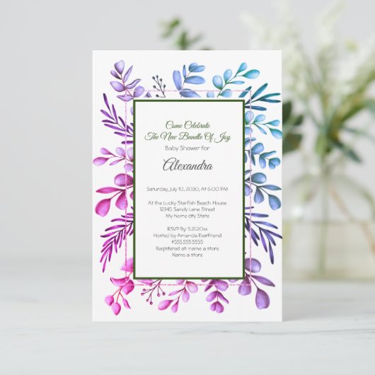 Paarse roze blauwe eucalyptus Baby shower uitnodig (Staand voorkant)