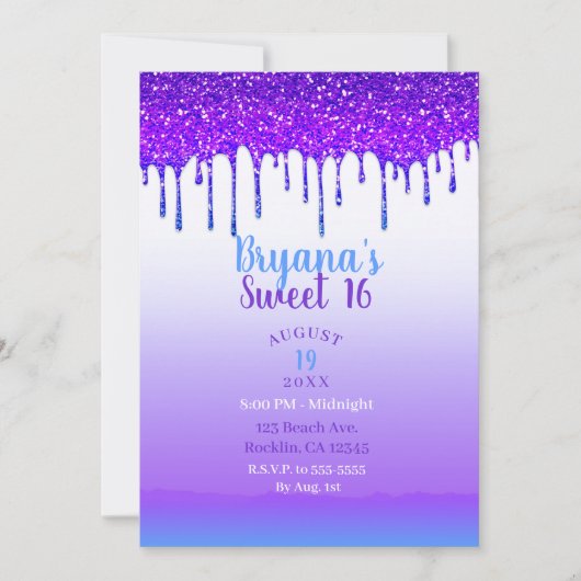 Paarse Roze & Blauwe Glitter Drip Sweet 16 Party Kaart (Voorkant)
