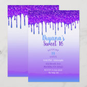 Paarse Roze & Blauwe Glitter Drip Sweet 16 Party Kaart (Voorkant / Achterkant)