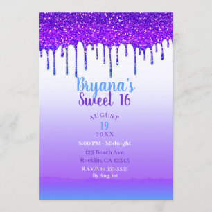 Paarse roze & blauwe glitter Drip Sweet 16 Party Kaart
