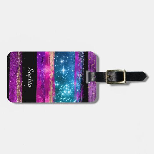 Paarse roze blauwe glitter sterren Naam penseelstr Bagagelabel (Voorkant horizontaal)
