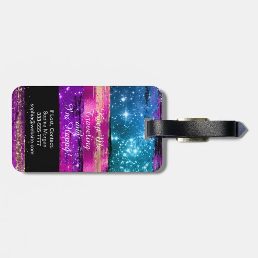 Paarse roze blauwe glitter sterren Naam penseelstr Bagagelabel (Achterkant horizontaal)