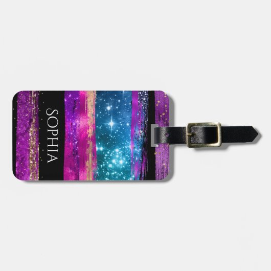 Paarse roze blauwe glitter sterren Naam penseelstr Bagagelabel (Voorkant horizontaal)
