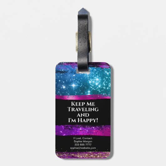 Paarse roze blauwe glitter sterren Naam penseelstr Bagagelabel (Achterkant verticaal)