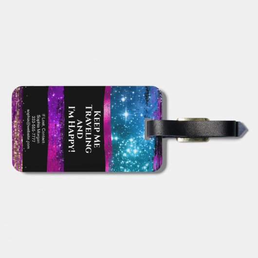 Paarse roze blauwe glitter sterren Naam penseelstr Bagagelabel (Achterkant horizontaal)