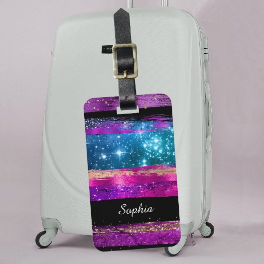 Paarse roze blauwe glitter sterren Naam penseelstr Bagagelabel