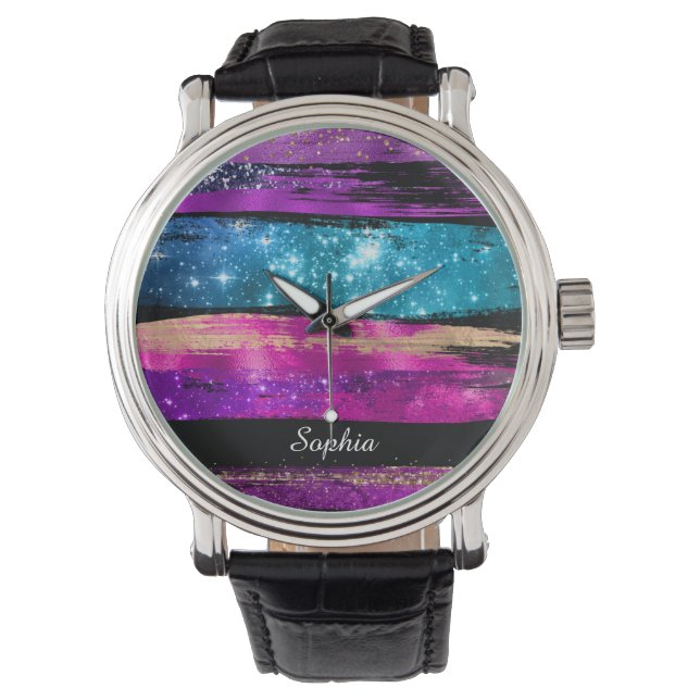 Paarse roze blauwe glitter sterren Naam penseelstr Horloge (Voorkant)