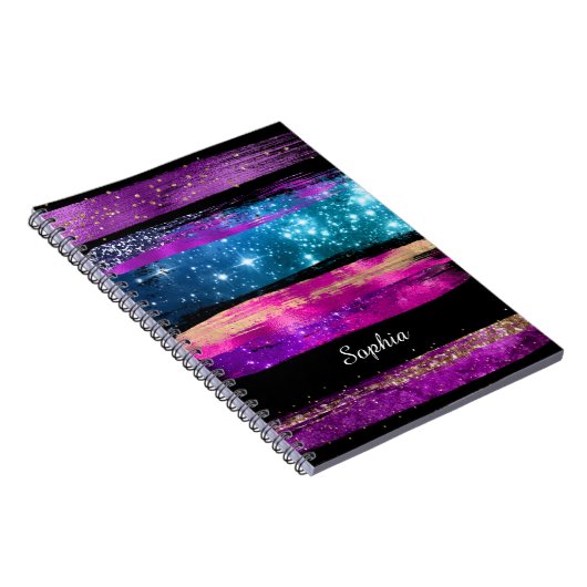 Paarse roze blauwe glitter sterren Naam penseelstr Notitieboek (Rechterzijde)