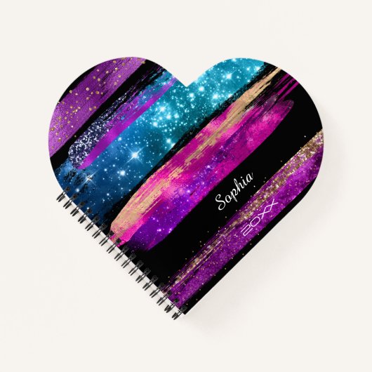 Paarse roze blauwe glitter sterren Naam penseelstr Notitieboek (Voorkant)